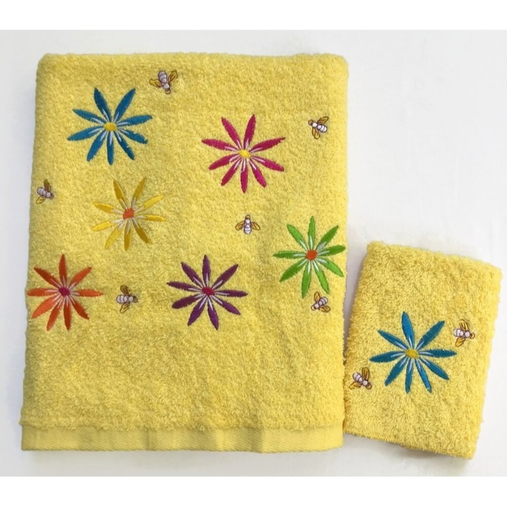 Vintage Honeybee & Flower Embroidered Towel Set 2 Pc Washcloth & Bath Yellow Bee